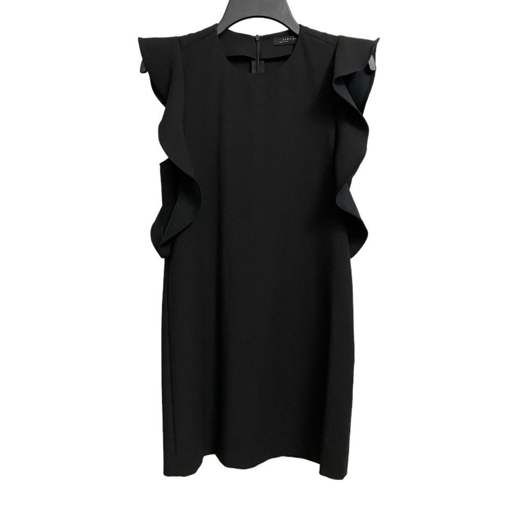 ZARA Ruffled Flutter Sleeves Shift Midi Dress Size XS Black Office Cocktail